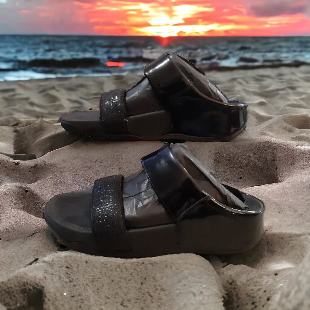 Fitflop Lulu Sandals Women's Size 7 Black Glitter Wedge Slides
